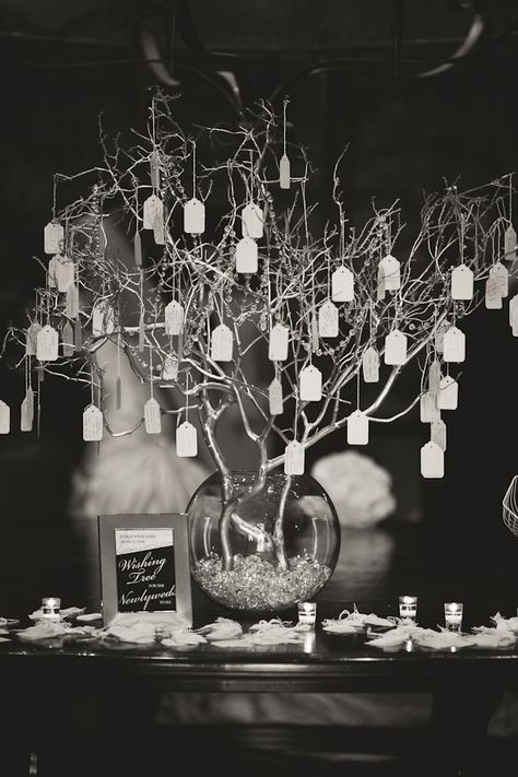 Hanging, wishing tree, Could be centerpiece on table surrounded by votives.  Guests could add wedding wishes! Tree Branch Wedding Decor, Wedding Guest Book Table Decorations, Wishing Tree Wedding, Branches Wedding Decor, Guest Book Table Decor, Tree Branch Wedding, Wedding Guest Book Table, Guest Book Tree, Tie The Knot Wedding