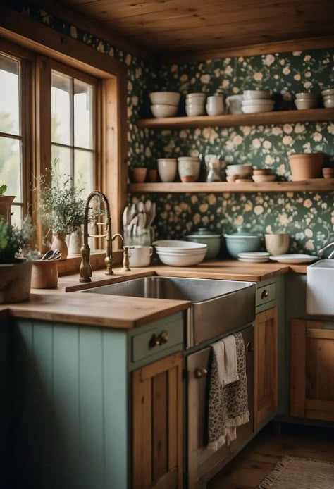 Small Cozy Kitchen, Cottagecore Kitchens, Southern Lane, Forest Academia, English Cottagecore, Cottage Core Academia, Light Cottagecore, Cottage Kitchen Inspiration, Rustic Cooking