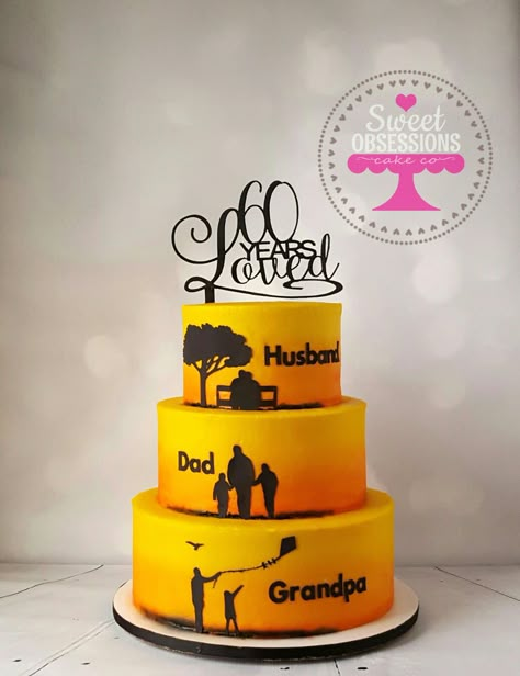 Silhouette Birthday Cake with sunset background   www.sweetobsessionscakeco.com 60th Birthday Cake For Men, 60th Birthday Ideas For Dad, Cake For Dad, 65 Birthday Cake, Birthday 17, 70th Birthday Cake, 80 Birthday Cake, Dad Birthday Cakes, Silhouette Cake