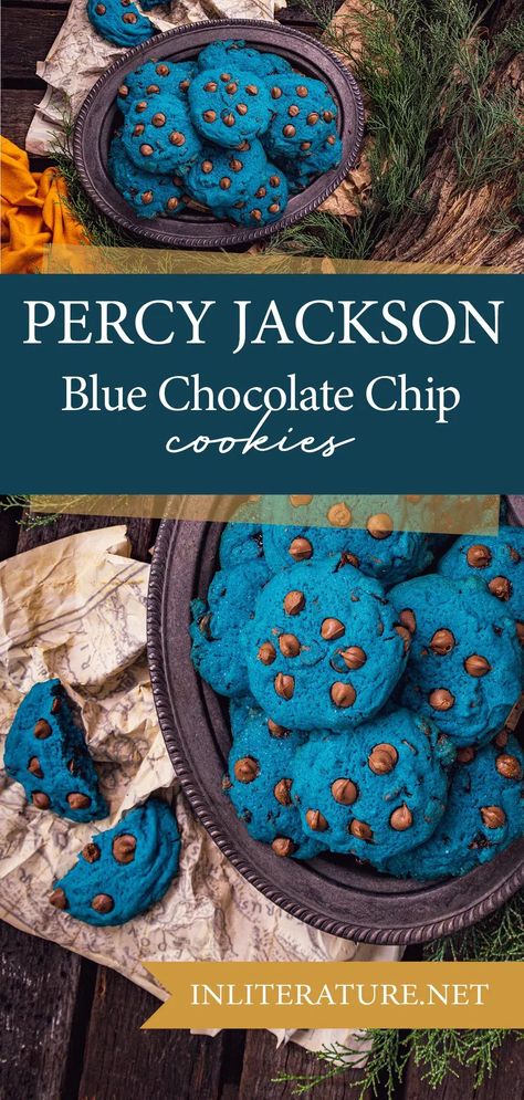 At Camp Half-Blood, Percy's healing drink tastes like home: his mom's blue chocolate chip cookies. Make Sally Jackson's vibrant blue cookie recipe at home! Blue Chocolate Chip Cookies, Buttery Recipes, Geek Food, Blue Cookies, Choc Chip Cookies, Types Of Chocolate, Blue Chocolate, Buttery Cookies, Blue Food