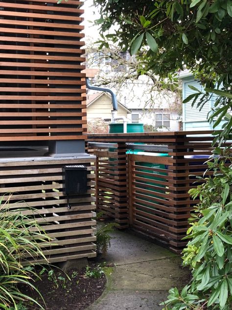 Trash can enclosure in the front yard horizontal slats, North East Portland, OR Trash Enclosure, House Front Door Design, Garbage Containers, House Front Door, Side Yard, Front Door Design, House Front, Door Design, Front Yard