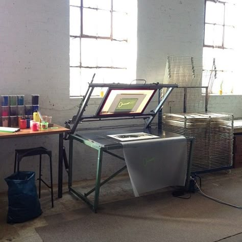 Print Studio Workspaces, Screen Printing Aesthetic, Screen Printing Table, Oak Shelving Unit, Screen Printing Business, Screen Printing Studio, Printing Studio, Diy Screen Printing, Screen Printing Art