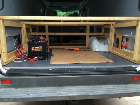 Building a bed for a camper van - Sprinter Camper Camper Van Bed Frame, Van Bed Build, Van Bed Frame, Suv Conversion, Building A Bed, Uhaul Truck, Ford Transit Camper Conversion, Transit Conversion, Build A Platform Bed