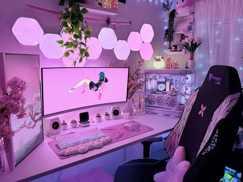 A little bit of pink vibes because I’m back in my pink era 🩷✨ Items in my setup and PC specs can be found on my PCPartPicker and Amazon Storefront. Linked in my bio! 🔗 #gamingsetup #pcgamer #gamergirls #battlestation #gamingpc #pcbuild #rgbsetup #setupinspiration #desksetup #gameroom #ａｅｓｔｈｅｔｉｃ Gaming Computer Room, Pink Era, Games Room Inspiration, Gamer Decor, Pink Games, Gamer Setup, Computer Desk Setup, Gamer Room Decor, Pc Gaming Setup