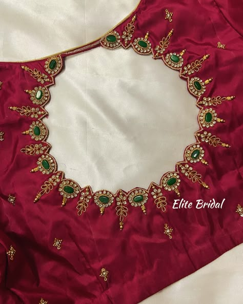 Customised Beautiful Elegant Aari Work By Elite Bridal ❤️‍🔥 Sandal Blouse Aari Work, Back Aari Work Blouse, Aari Neck Designs For Blouse, Aari Work Blouse Hand Design, Arya Work Blouse Designs, Bridal Aari Work Blouse Designs, Simple Aari Design, Exclusive Blouse Designs, Dress Designs For Stitching