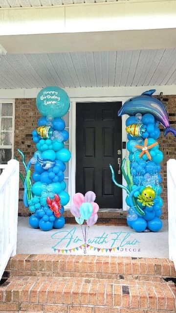 Balloon Decorations Under The Sea, Under The Sea Balloon Decor, Under The Sea Arch, Sea Theme Balloon Decoration, Under The Sea Entrance Decor, Ballon Arch Under The Sea, Ballon Column, Holly Springs Nc, Happy Birthday Balloons