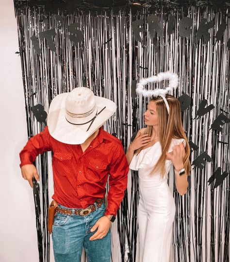 Couples Costumes Appropriate, Cute College Halloween Costumes Couples, Cowboy And Angel Couple Costume, Western Couple Costume Ideas, Frat Couple Costume, Angel And Cowboy Costume, Cowboys And Angels Halloween Costume, Couples Halloween Costume Ideas Country, Hallwoon Costumes Couples