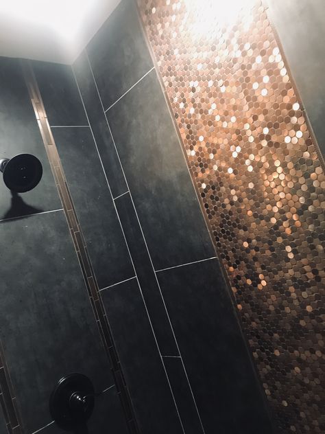 Custom made copper tile shower design idea. Has black tile and two types of copper designs. Copper And Grey Bathroom, Black White And Copper Bathroom, Black Copper Bathroom, Copper Tile Shower Ideas, Black And Copper Bathroom Ideas, Copper Interior Design Living Room, Bathroom With Black Shower Tile, Copper Shower Tile, Copper Shower Walls