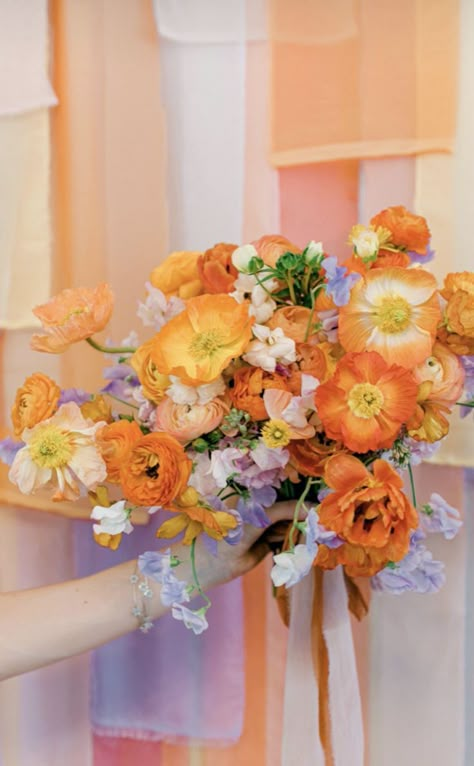 Lilac Orange And Blue Wedding, Lilac Orange Wedding, Lilac And Orange Wedding, Unique Wedding Color Schemes Spring, Lilac And Orange, Orange Weddings, Deco Orange, Ranunculus Flowers, Wedding Moodboard