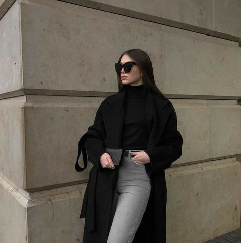 Black Coat, A Woman, Grey, Wall, Pants, Black, Trousers