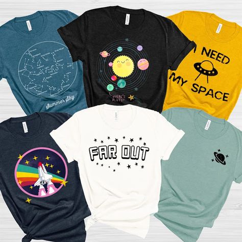 Space Themed Graphic Tees  $13.99 Tshirt Painting Ideas, Space Themed Outfits, Bts Tshirt, Astronaut Outfit, Nasa Clothes, Tshirt Painting, Space Outfit, Space Shirts, Aesthetic Space