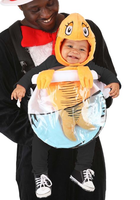 PRICES MAY VARY. Size: Standard Enchanting Dr. Seuss-inspired Design: Dive into the whimsical world of Dr. Seuss with our Fish Bowl Baby Carrier, featuring a fiber-filled velour fish body sewn into a clear plastic bowl. Let your baby become a character from "The Cat in the Hat" with this unique and visually captivating costume accessory. Comfortable & Secure Fit: Crafted from high-quality 100% polyester, this baby carrier boasts wide elastic straps with hook and loop fasteners, ensuring a snug a Dr Seuss Fish Bowl, Dr Seuss Fish, Baby Carrier Costume, Storybook Costumes, Dr Seuss Costumes, Dr Suess Baby, Fish Costume, Baby Fish, Whimsical Halloween