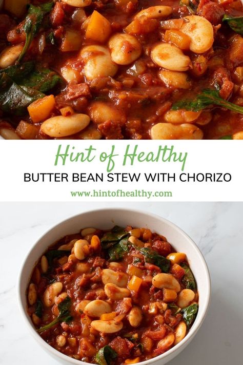 This tomato based butter bean stew with chorizo is full of flavor and made in only 20 minutes. It combines diced chorizo, onion and butter beans in a lovely tomato based sauce, perfect for easy and delicious weeknight dinners. Made with canned butter beans and Mexican or Spanish chorizo, it's quick and simple, and only includes affordable ingredients. It's easy to make vegan, and it's a naturally dairy free and gluten free stew. Gluten Free Stew, Soy Chorizo Recipes, Spanish Chorizo Recipes, Chorizo And Bean Stew, Chorizo Recipes Dinner, Butter Bean Stew, Spanish Chorizo, Vegan Chorizo, Homemade Beans