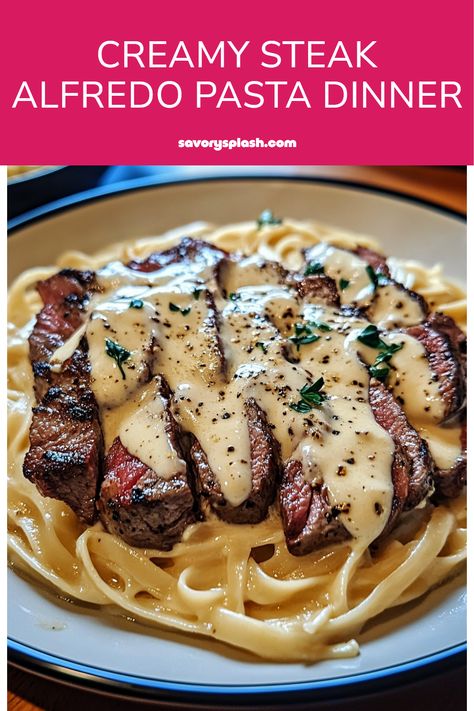 Looking for a dinner that's both delicious and filling? Try this Creamy Steak Alfredo Pasta! Featuring tender steak, rich Gorgonzola cheese, and a gooey alfredo sauce, this dish is perfect for special occasions or a cozy night in. Quick and simple to prepare, your entire family will love this mouthwatering recipe. Each bite combines savory flavors and creamy textures that dance on your palate. Perfectly paired with a salad or some crusty bread, it makes for a complete meal that will please any crowd. Upgrade your dinner nights now! Steak Alfredo Pasta Olive Gardens, Steak With Alfredo Sauce, Steak With Cheese Sauce, Alfredo Pasta Ideas, Creamy Beef Recipes, Steak Dinner Ideas Pasta, Dinner Ideas Alfredo, Alfredo Dishes Dinners, Chicken And Steak Alfredo Pasta