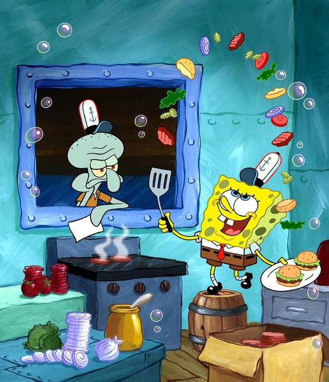 SpongeBob Flippin Patties by shermcohen.deviantart.com on @DeviantArt Spongebob Kitchen, Spongebob Background, Spongebob Drawings, Spongebob Square, Pineapple Under The Sea, Spongebob Patrick, Spongebob Wallpaper, Cartoon Wallpaper Iphone, Spongebob Memes