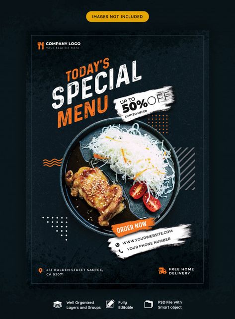 Food menu and restaurant flyer template | Premium Psd #Freepik #psd #banner #flyer #poster #food Food Poster Ideas, Food Poster Design Graphics, Poster Food Design, Food Design Poster, Design Cibo, Brochure Design Layouts, Poster Food, Food Discount, Food Promotion