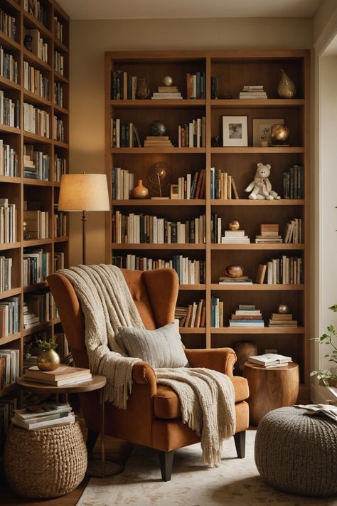 Cozy Reading Chair, Reading Nook Ideas, Cozy Window Seat, Cozy Living Room Ideas, Home Office Library, Dream Library, Nook Ideas, Library Room, Home Library Design