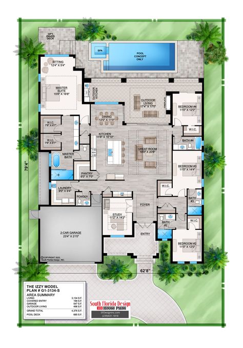 South Florida Design Izzy House Plan (G1-3134-S) 8 Bedroom House Plans, House Plans 4 Bedroom, 8 Bedroom House, Unique Floor Plans, Coastal House Plans, Studying Library, Florida Design, House Plans Ideas, Luxury House Plans