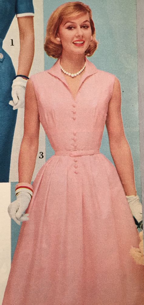 Pink Dress Spiegel Catalogue August 1959 1950s Suburbia Aesthetic Outfits, Pink 50s Outfit, 1950s Day Dress, 1950s Pink Dress, 50s Pink Dress, 1950s Pastel Aesthetic, Pink 60s Aesthetic, Pink 1950s Dress, 1959 Dress