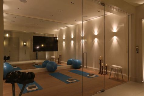 Zen gym lighting! Unfinished Basement Gym Workout Rooms, Basement Luxury Ideas, Basement Gym And Movie Room, Basement Remodel Modern, Basement Lights Ideas, Workout Room Lighting, Basement Gym Lighting Ideas, Basement Gym No Windows, Zen Basement Ideas