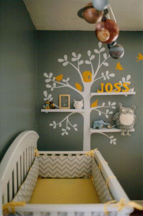 Wall Painting Tree Ideas, Yellow And Grey Nursery, Tan Nursery, Grey Nursery Boy, Grey Baby Nursery, Yellow Nursery, Nursery Mural, Grey Nursery, Baby Bedroom