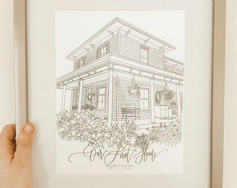 House Portrait, Custom House Drawing, Home Buyer Gift, Realtor Gift, Client Gift, Real Estate Gift, Black and White Portrait of First House, First time home buyer, gift for her, gift for him First Time Home Buyer Gift, Drawing Home, Pen Art Work, Real Estate Gifts, House Portrait, White Portrait, Wall Drawing, Custom Christmas Ornaments, Custom House