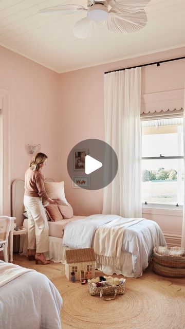 Serial Renovators 🔨 on Instagram: "We are so happy with how this room turned out. It has a gorgeous whimsical feel, the perfect balance of old and new. We loved the calming and ethereal feel of the Dulux Colour Forecast 2023 Balance palette and feel that the design elements in the girls’ room captures this too. We decided to expose the red bricks of the fireplace and it complements the beautiful pink Dulux Mornington walls perfectly and we used the same colour for the skirting and architraves to fully envelop the room in colour. We created a cohesive feel through the soft pink colour palette and the scallop detailing through the pelmet, shelving and the rug. 💫 @duluxaus #dulux #DuluxMornington #DuluxColourForecast2023 Cover image by @evegwilson" Dulux Ballerina Dance, Dulux Mornington, Colour Forecast 2023, Soft Pink Color Palette, Pink Colour Palette, Dulux Paint, Color Forecasting, Dulux Heritage, Color Palette Pink