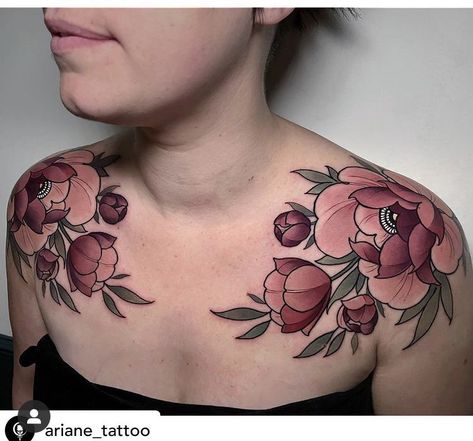 Neo Trad Chest Tattoo, Peony Chest Tattoo, Neo Traditional Floral Tattoo, Neo Trad Flowers, Neo Traditional Chest Tattoo, Flower Chest Tattoo, Tattoo Chest And Shoulder, Traditional Chest Tattoo, First Tattoo Ideas