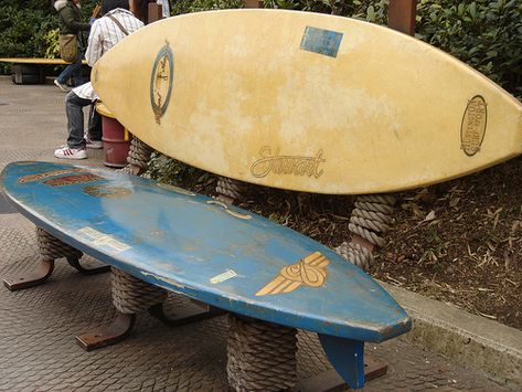 surfboard bench by allison sensei, via Flickr Surfboard Chair, Surfboard Bench, Surfboard Furniture, Recycled Chair, Beach Bench, Skim Board, Surfboard Table, Surfboard Coffee Table, Surfboard Decor