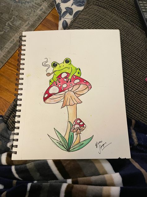 Mushroom Canvas Painting Ideas, Frog Mushroom Drawing, Frog And Mushroom Drawing, How To Draw A Frog On A Mushroom, Painting Ideas On Canvas Mushrooms, Mushroom Painting Ideas On Canvas, Mushroom Drawing Aesthetic, Frog Painting Easy, Frog Painting Ideas