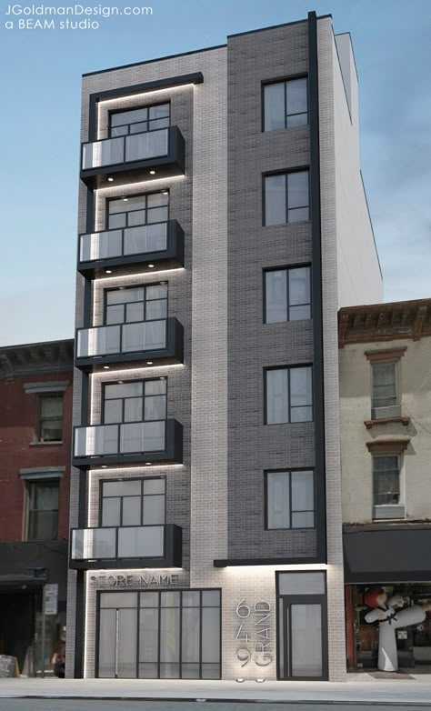 649 Grand Street, rendering by Beam Group Apartment Building Aesthetic, Apartment Elevation, Small Apartment Building Design, Mixed Use Building, Front Building Design, 3 Storey House Design, Small Apartment Building, Apartment Exterior, Small House Elevation