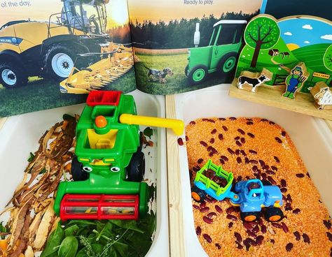 Kim, H & Pippa on Instagram: H is a massive Tractor Ted fan. I set up this simple farm sensory tray using potato peelings, lentils and kidney beans. Using our wow combine harvester and Lanka Kade wooden farm set. Perfect toddler small world for Flisat table play and tuff spot play.