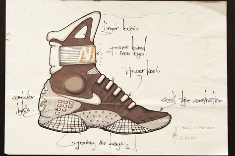 Tinker Hatfield Original Nike Air MAG Design Sketches Sneakers Sketch, Sport Shoes Design, Shoe Sketches, Tinker Hatfield, Shoe Design Sketches, Industrial Design Sketch, List Of Artists, Lacing Sneakers, Art Classroom