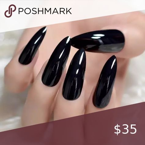 Black Shiny Beauty False Nails Amazing quality, long and Beautiful!! These nails are very beautiful sturdy coffin nails. They look and feel very natural, and are easy to apply. Exactly as Pictured. 😍 The nails are definitely extra long coffin style💛 They are a fantastic length and perfect coffin style but they are also long enough to where you can cut them down and make them your own and still have long nails :)  I recommend using nail glue, or super nail glue. Accessories Long Ballerina Nails, Black Nail Tips, Long Fake Nails, Nail Long, Long Stiletto Nails, Black Nail Designs, Ballerina Nails, Nail Length, Drag Queens