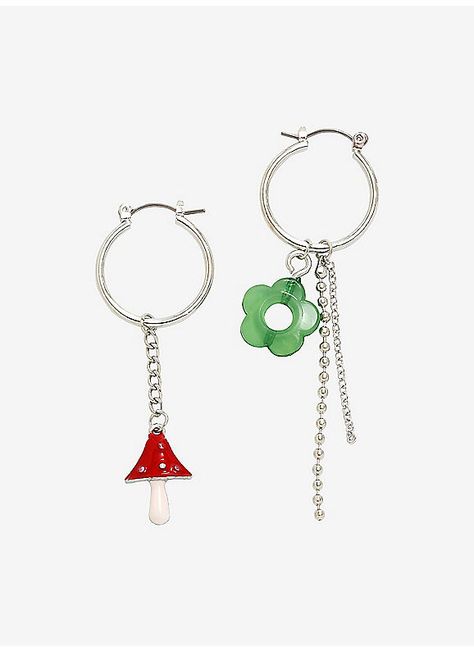 Hot Topic : Mushroom & Flower Mismatch Drop Earrings Red And White Mushroom, Yee Yee, White Mushroom, Weird Jewelry, White Mushrooms, Forest Garden, Mismatched Earrings, Green Flower, Latest Jewellery