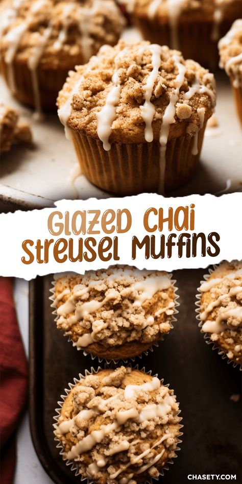 Glazed Chai Streusel Muffins - Chasety Chai Muffins Recipe, Healthy Moist Muffins, Streusel Muffin Recipes, Best Fall Muffins, Fall Breakfast Desserts, Fall Mini Muffin Recipes, Chai Muffin Recipes, Fall Flavored Muffins, Fall Muffins Healthy