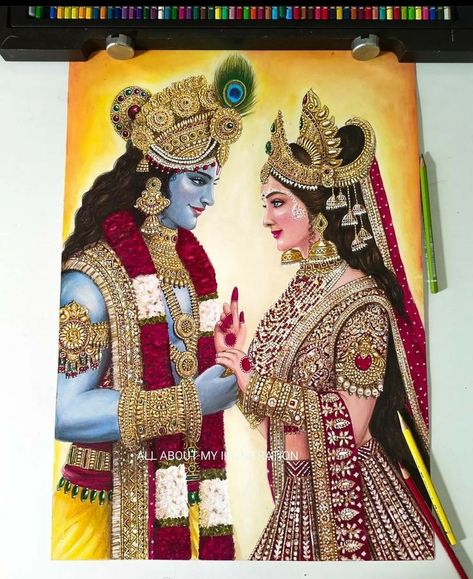 Radha Art Paintings, Laxmi Narayan Painting, Radharani Painting, Laxmi Ji Drawing, Antarpat Design Ideas, Radha Ji Drawing, Krishna And Radha Drawing, Drawing Of Radha Krishna, Radhe Krishna Painting Canvas