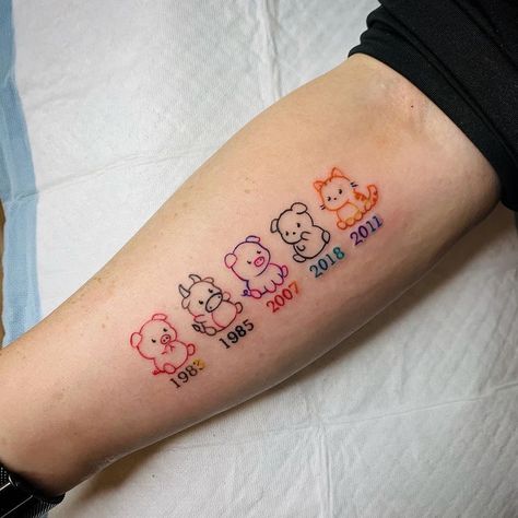 Family Of 8 Tattoo Ideas, Chinese Animal Tattoo, Monkey Family Tattoo, Small Pig Tattoo, Tattoo Ideas Fish, Chibi Tattoo, Elephants Tattoo, Small Dog Tattoo, Tattoo Butterflies