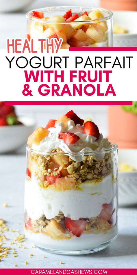 yogurt parfait with whipped cream, strawberries, and pineapple Oat Parfait, Parfait Healthy, Pineapple Yogurt, Healthy Yogurt Parfait, Healthy Homemade Granola, Yogurt Parfait Recipe, Fruit And Yogurt Parfait, Chocolate Greek Yogurt, Fruit And Yogurt