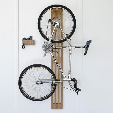 Modern Storage Ideas, Bike Racks that Look Great on the Walls Vertical Bike Storage, Indoor Bike Storage, Bicycle Hanger, Modern Shelving Units, Vertical Bike Rack, Small Wall Shelf, Bike Storage Garage, Bike Hanger, Vertical Bike