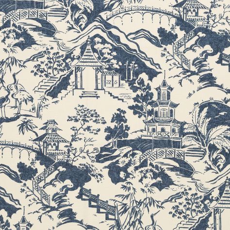 This Chinese-inspired print is the perfect patterned fabric for any accent piece! Chinese Fabric, Chinese Prints, Chinoiserie Pattern, Kovi Fabrics, Chinese Pattern, Blue And White Chinoiserie, Blue Toile, Custom Drapes, China Patterns