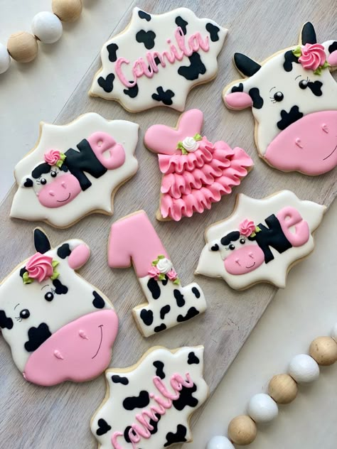 Holy Cow Im One Birthday Girl, 1 Cookies, Cow Cookies, Mom Instagram, Cow Birthday Parties, Farm Cookies, 2nd Birthday Party For Girl, Barnyard Birthday Party, Cow Baby Showers