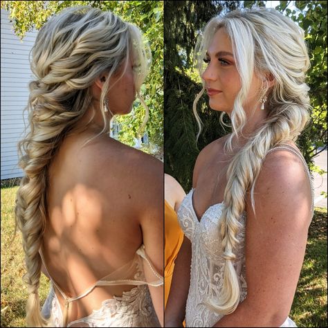 Long braid Formal Fishtail Braid Prom, Side Boho Braid Wedding Hairstyles, Wedding Hairstyle Long Thick Hair, Big Braid Bridesmaid Hair, Wedding Hairstyles For Long Hair Side Braid, Boho Wedding Bride Hairstyle, Bride Hair Side Braid, Grad Braid Hairstyles, Wedding Hair Big Braid