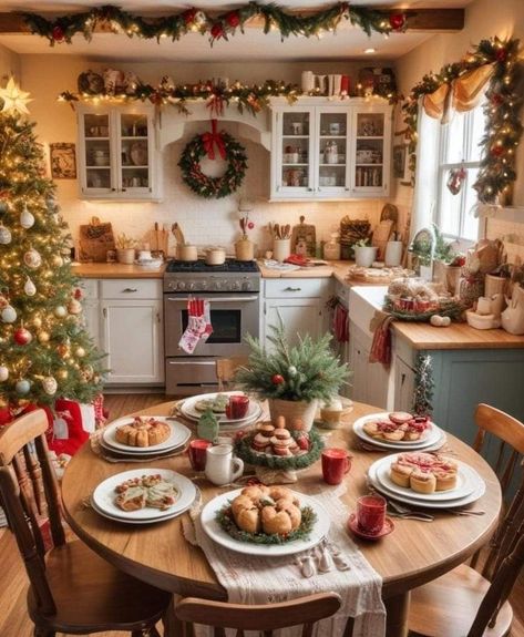 Cozy Cottage Christmas Aesthetic, Grandmas House Christmas, Grandma Christmas Decor, Christmas Studio Apartment, Christmas At Grandmas House, Christmas Cottage Aesthetic, Cottagecore Christmas Aesthetic, Mrs Claus Kitchen, Grandmacore Christmas