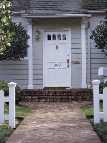 size: 24x18in Photographic Print: Walkway and Front Door of House Poster : Subjects Front Door Overhang, Front Door Awning, Door Overhang, Front Yard Decor, Backyard Walkway, Brick Walkway, Gray House, Front Porch Design, Pergola Attached To House