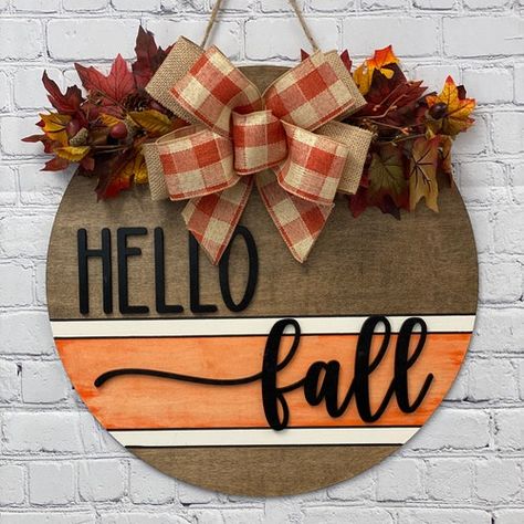 Door Rounds, Circle Signs, Wooden Rounds, Paper Pumpkin Craft, Hello Fall Sign, Fall Leaf Wreaths, Round Signs, Fall Door Hanger, Hanger Decor