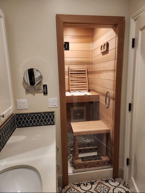 Bathroom With Sauna Layout, Sauna Bathroom Ideas, Cheap Kitchen Updates, Sauna Bathroom Design, Gym Sauna, Bathroom 2024, Sauna Diy, Sauna House, Indoor Sauna