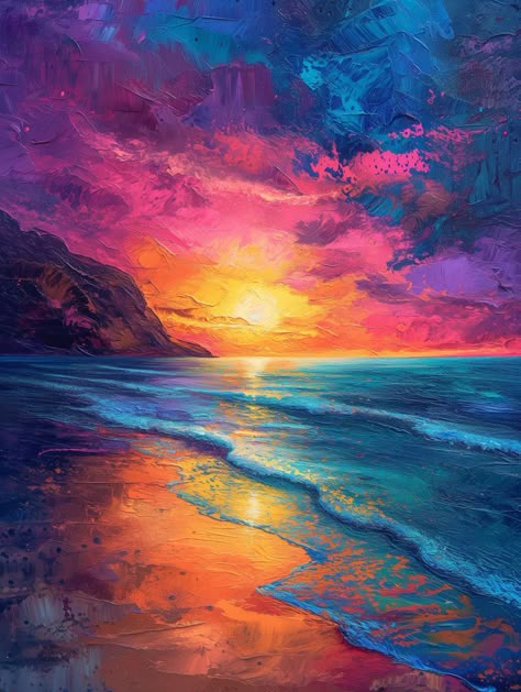 Vibrant Landscape Paintings, Landscape Art Inspiration, Colourful Acrylic Paintings, Colourful Landscape Paintings, Aesthetic Art Ideas Painting, How To Paint Landscapes, Painting Landscape Ideas, Canvas Painting Inspiration, Colourful Art Painting