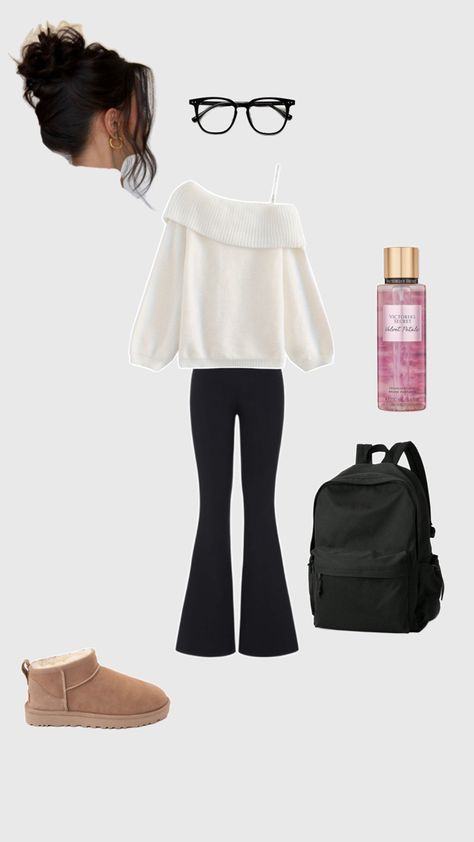 Elevate your school day style with this cozy yet trendy outfit! Featuring a chic off-shoulder sweater paired with flattering flared leggings, this look combines comfort and sophistication. The messy bun and glasses add a touch of effortless charm, while tan slip-on boots and a sleek black backpack keep it practical. Finish the look with a refreshing body mist for a boost of confidence! Follow for more outfit ideas that are perfect for every season and mood! Messy Bun And Glasses, Flared Leggings Outfit Casual, Black Flared Leggings Outfit, Casual Outfits Ideas, Black Flared Leggings, Leggings Outfit Casual, Fall Outfits Ideas, Thrift Inspo, Flared Leggings