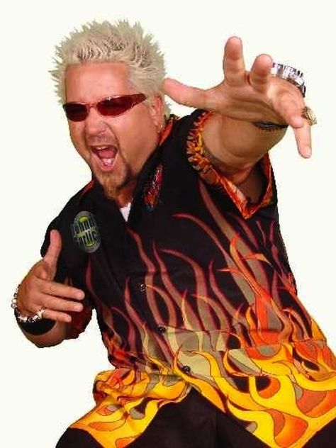 YEAH THIS COOL FLAME SHIRT! | 24 Photos Of Guy Fieri Being TotallyStoked Guy Fieri Flame Shirt, 90s Haircuts, Fire Shirt, Watch Your Back, Guy Fieri, Celebrity Chefs, Food Network Recipes, Dankest Memes, Halloween Costumes